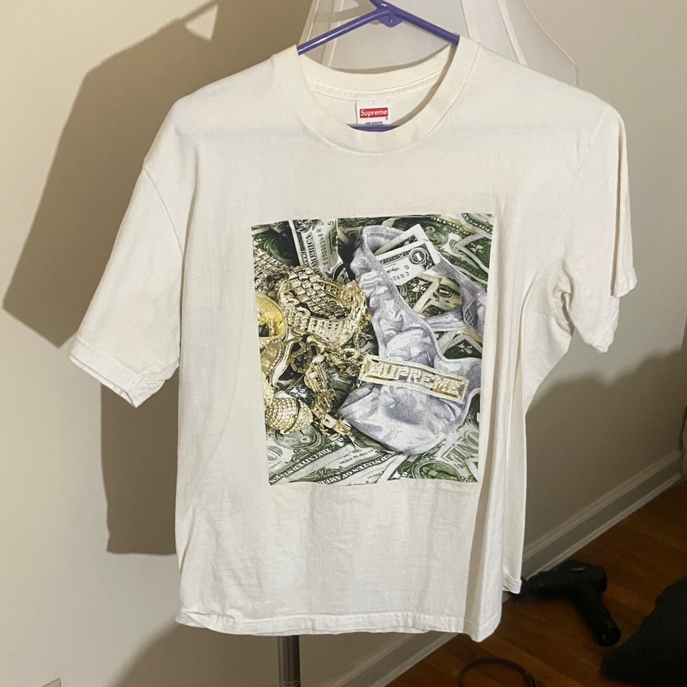 Supreme White Tee with Money and Gold Graphic